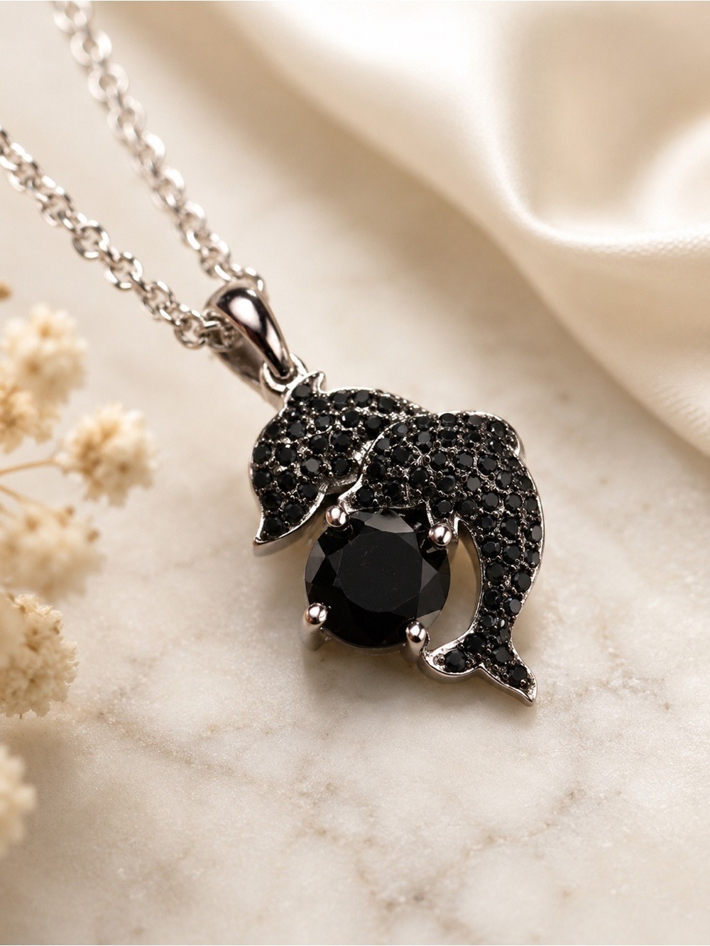 🐬 925 Sterling Silver Genuine Black Spinel Double Dolphin Pendant Necklace